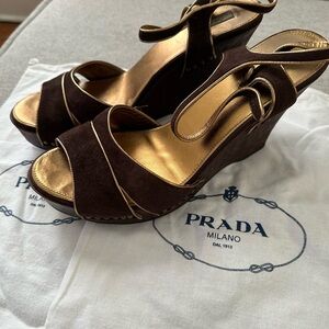 Prada Women's Chocolate Brown and Metallic Gold Wedges - Calzature Donna